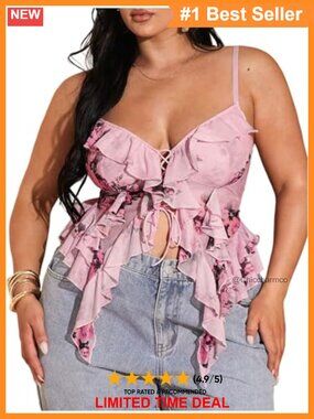 Plus Size Sheer Lace Up Asymmetrical Cami Tank Top Y2K Summer